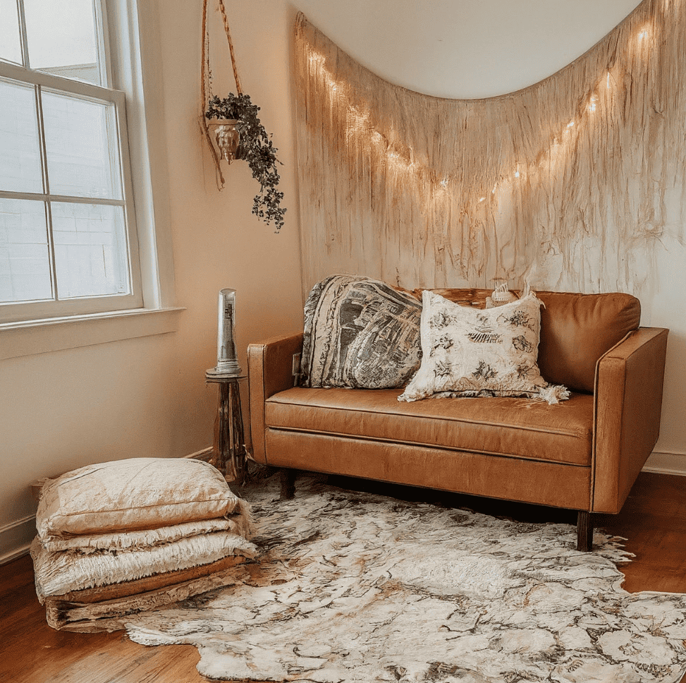 vintage brown couch with coastal boho blanket