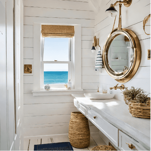 white shiplap wall with brass ships porthole mirror