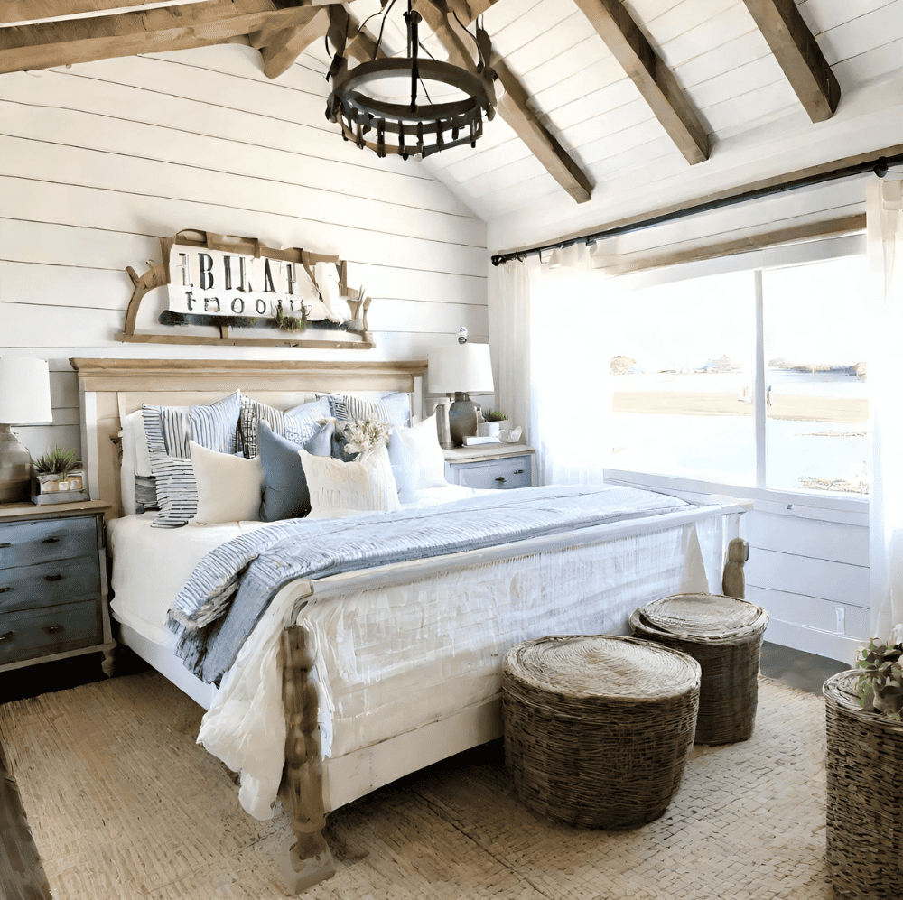 a coastal farmhouse inspired bedroom with rafter beams