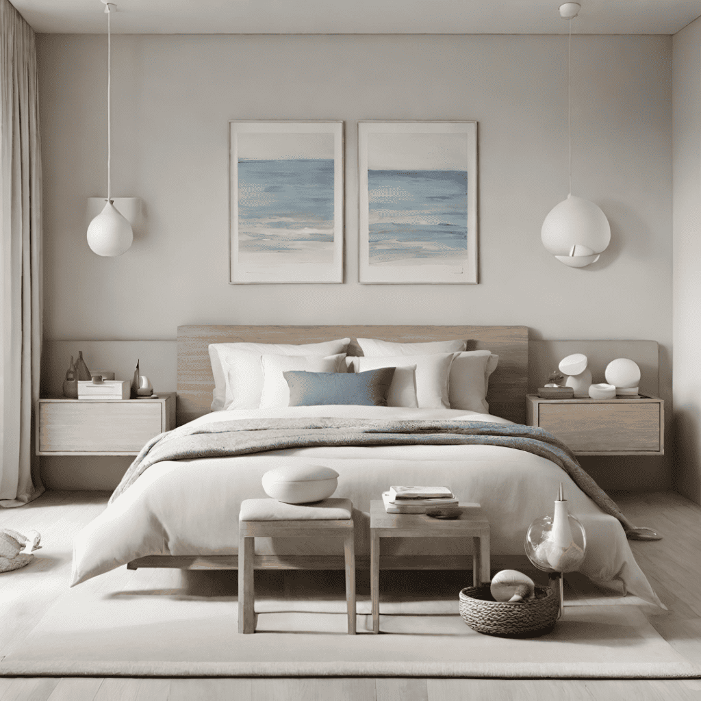 minimalist coastal bedroom with soft blues and stone greys