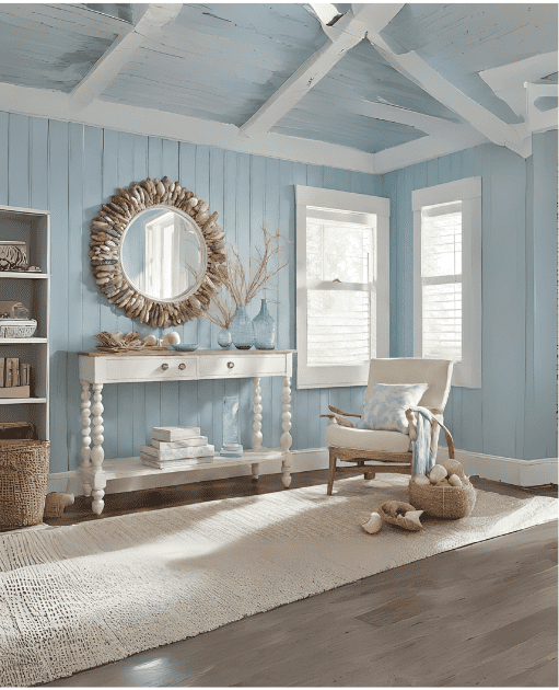 blue shiplap wall with shell accent mirror