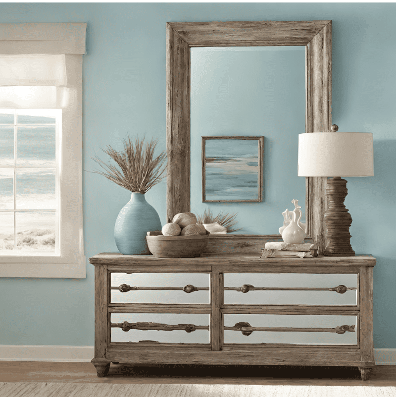 A weathered coastal dresser with a rustic mirror above it and a blue painted wall. 