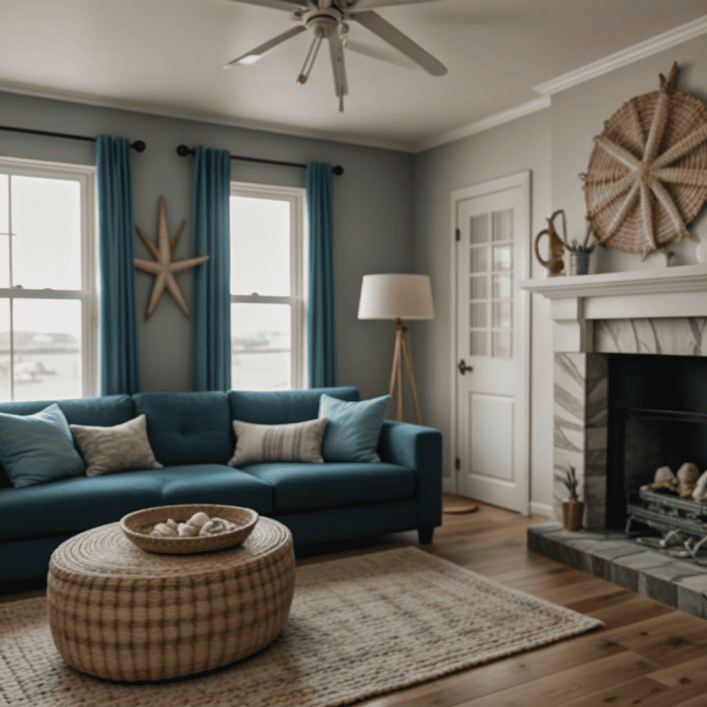 Coastal Boho inspired living room with sea green couch and starfish above. 
