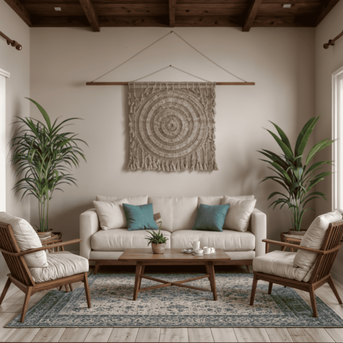 Coastal Boho Decor. Macrame wall hanging with cream couch below.  