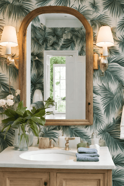 bathroom with palm fronds wallpaper