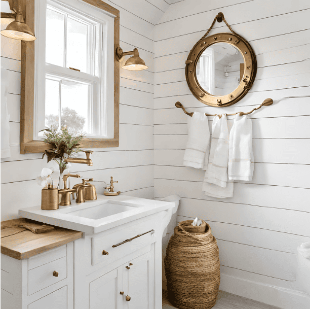 white shiplap bathroom wall with brass ships porthole mirror