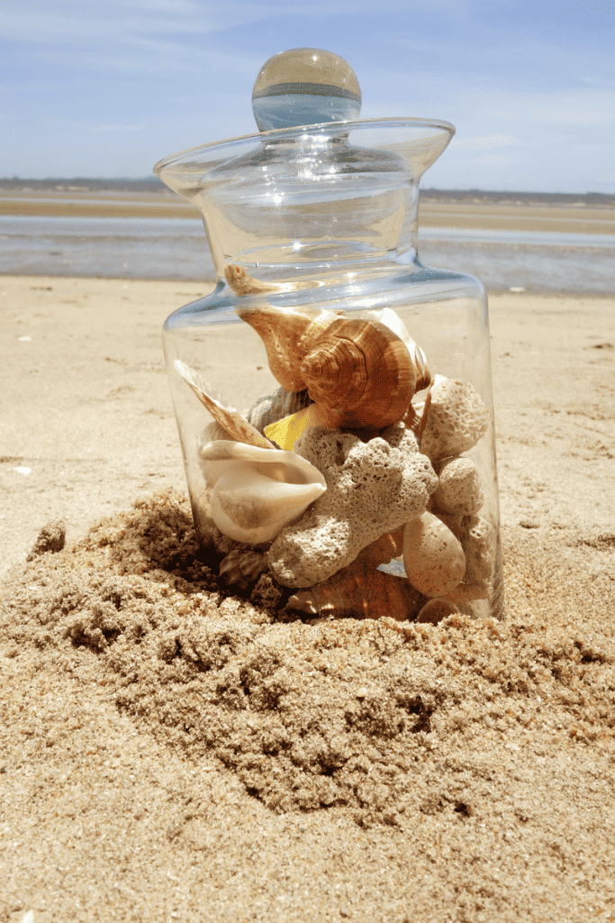 seashells in glass jar sitting in sand on a beach
