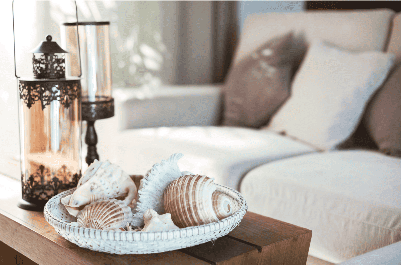 seashells sitting in a white bowl on wood coffee table