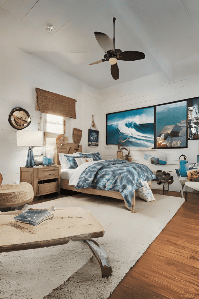 a bedroom in coastal surfer style decor