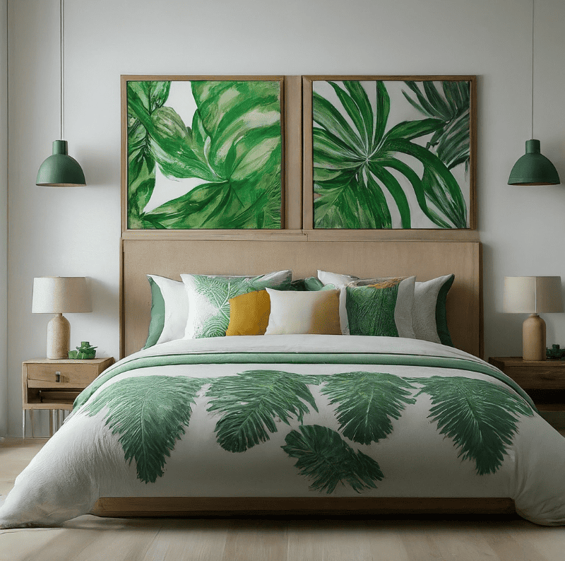 a tropical themed bedroom with plant print bedding.